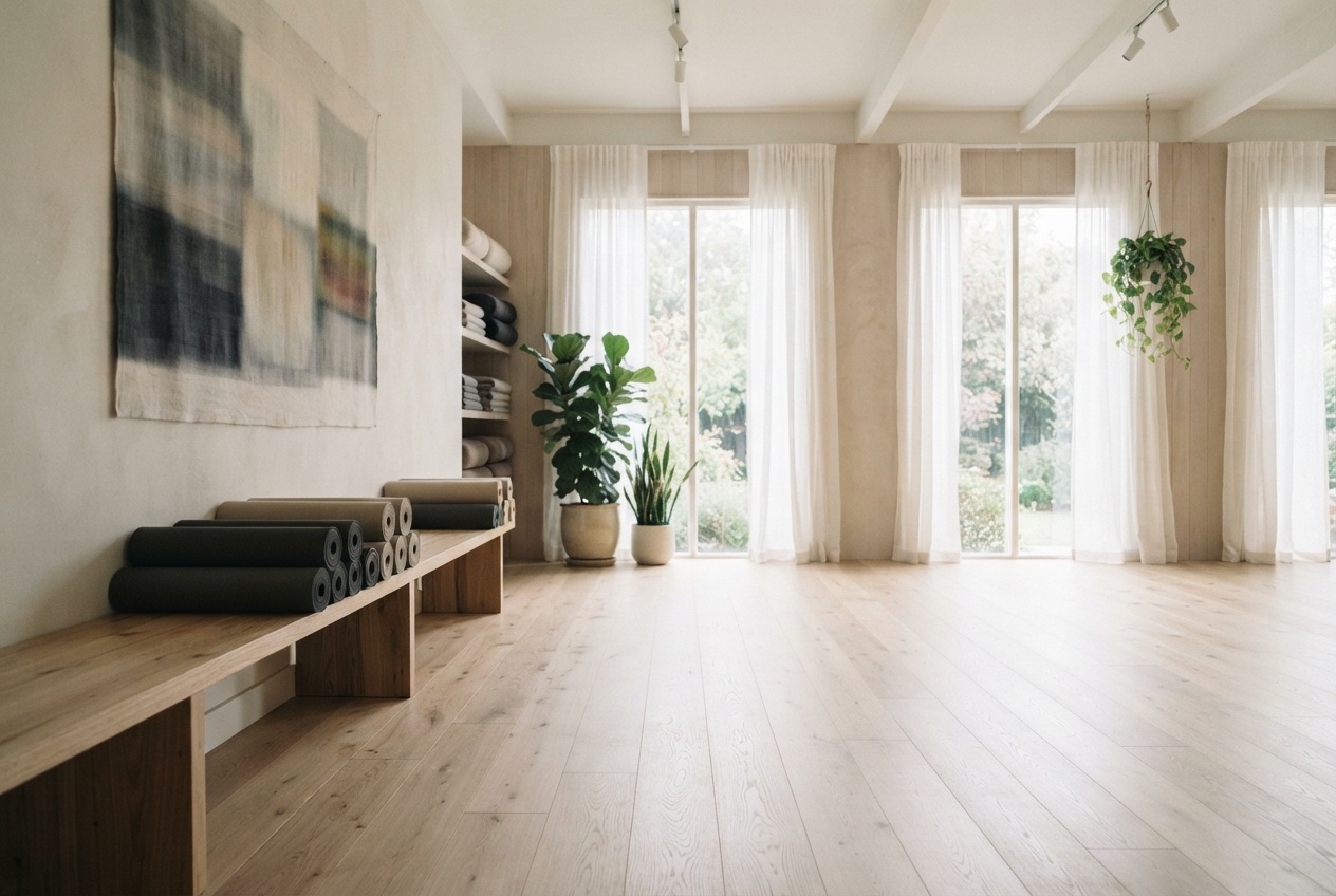 Bright minimalist studio with wooden floors, rolled mats, plants, large windows, and sheer curtains.