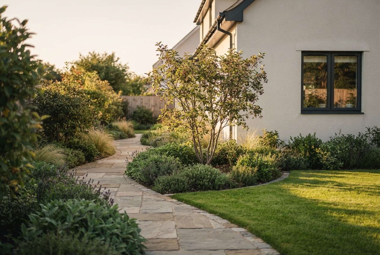 Curved stone garden path beside a lush landscaped yard and cream-colored house in warm evening light.