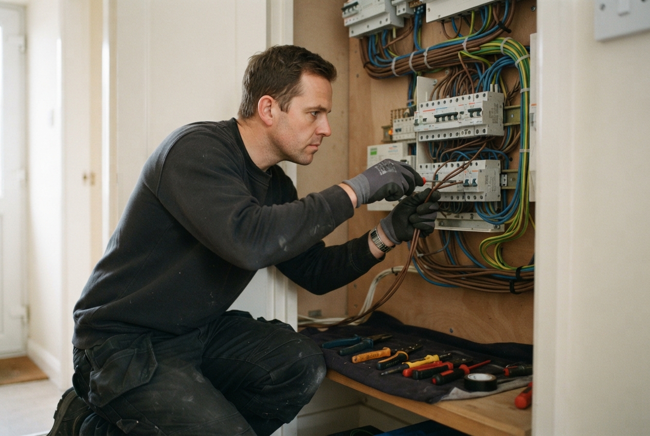 Electrician in gloves wiring an open electrical panel beside a tool-covered workbench.