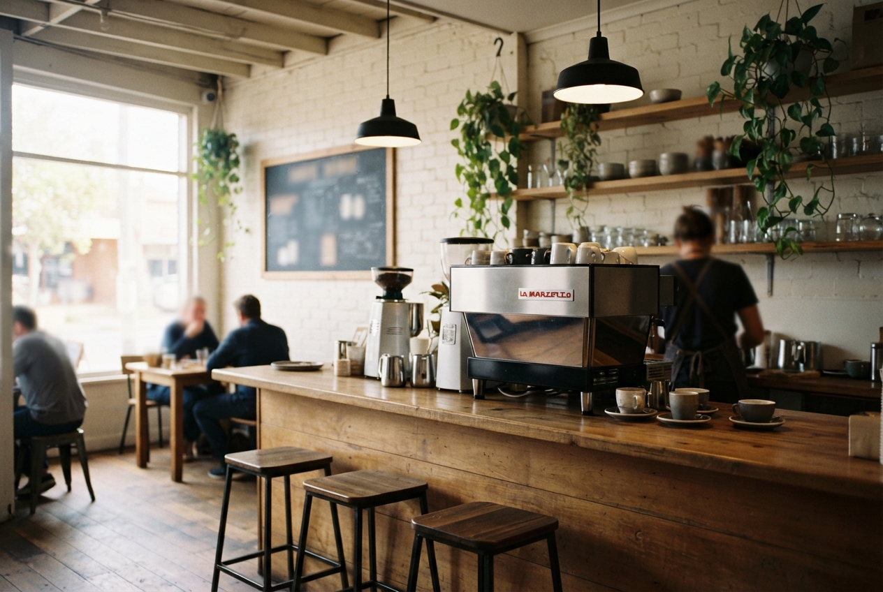 Rustic café interior with a La Marzocco espresso machine, wooden counter, stools, plants, shelves, and seated customers.