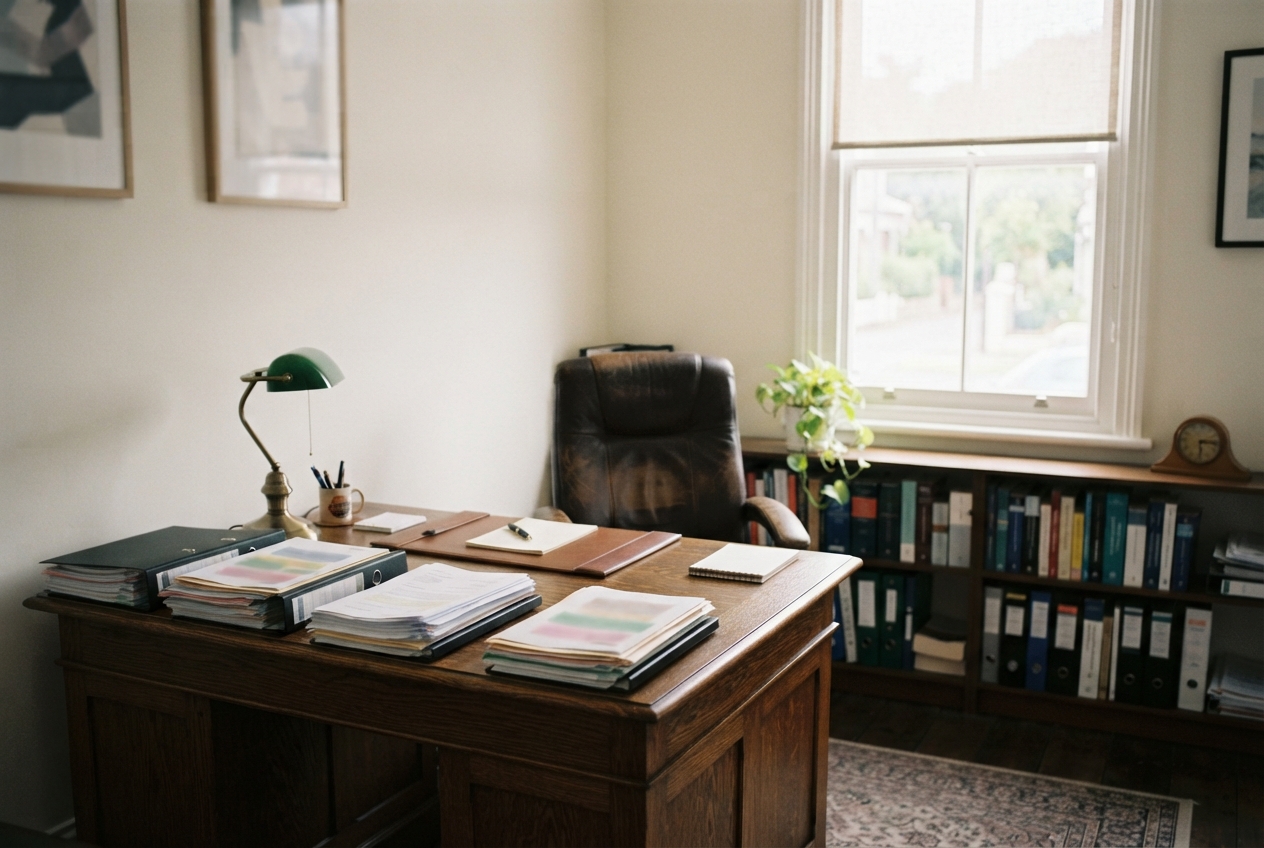 Traditional office with a document-covered wooden desk, leather chair, window, bookshelves, lamp, and potted plant.